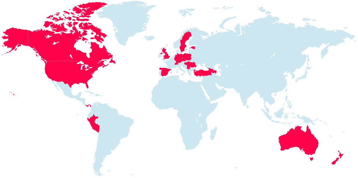 Una mappa del mondo con i paesi attivi segnati in rosso